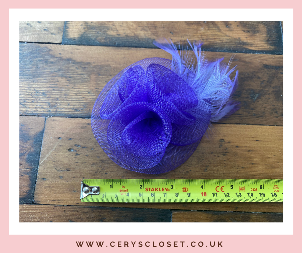 Light Purple Feather and Mesh Flower Fascinator Hat On Crocodile Clip and Brooch Attachment
