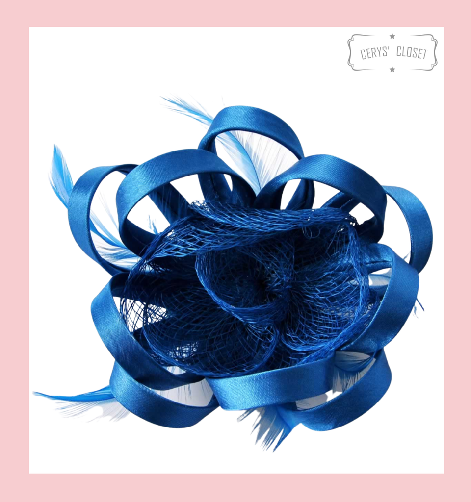 Teal Feather and Mesh Flower Fascinator Hat On Crocodile Clip and Brooch Attachment
