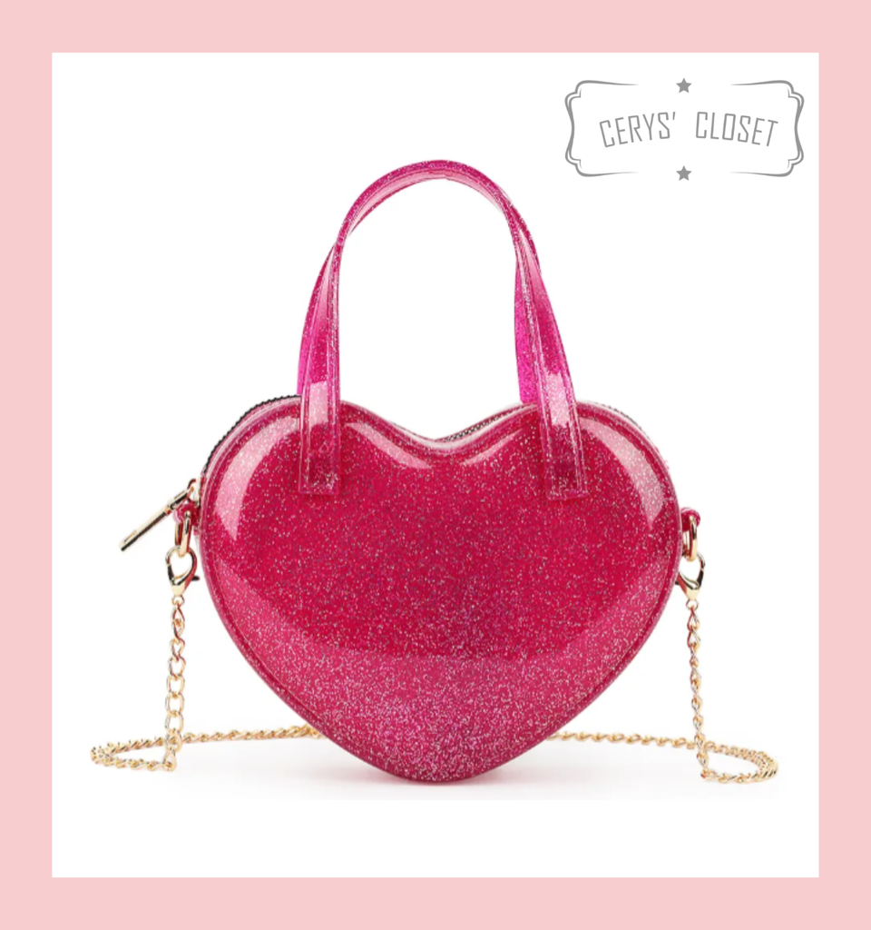 Faux Patent Glitter Heart Shaped Handbag with Chain Shoulder Strap - Hot Pink