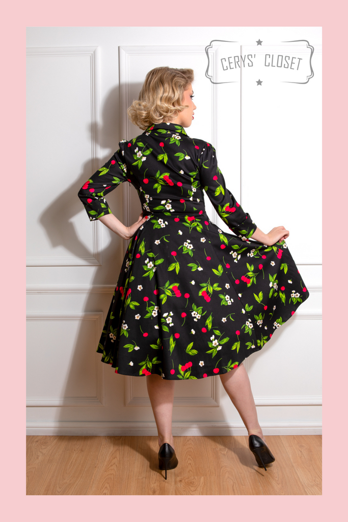 Hearts and Roses London Vintage 1950s Inspired Black and Red Cherry Faux Shirt Swing Dress with 3/4 Sleeves and Belted Waist standard and Plus Size Vintage clothing at Cerys' Closet