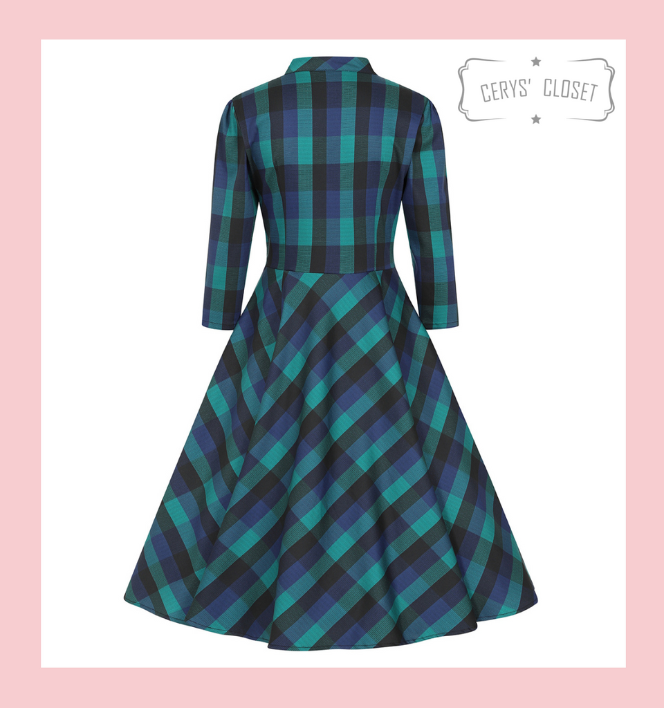 Vintage 1950s Inspired Green and Blue Tartan Check Faux Shirt Swing Dress with 3/4 Sleeves standard and plus size clothing at Cerys' Closet