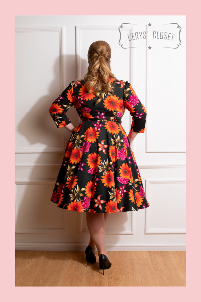 Hearts and Roses London Vintage 1950s Inspired Orange and Black Floral Faux Shirt Swing Dress with 3/4 Sleeves and belted waist - Autumn Plus size vintage clothing 