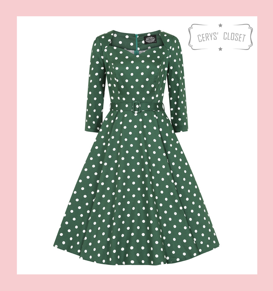 Hearts and Roses London Vintage 1950s Green and white Polka Dot Swing Dress with Sweetheart Neckline, 3/4 Sleeves and belted waist standard and Plus Size at Cerys' Closet