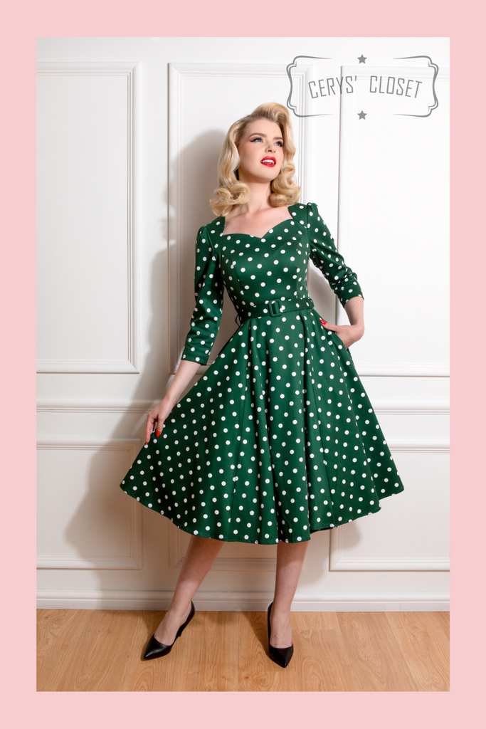 Vintage 1950s Green and white Polka Dot Swing Dress with Sweetheart  Neckline, 3/4 Sleeves and belted waist - Kylie - Cerys' Closet