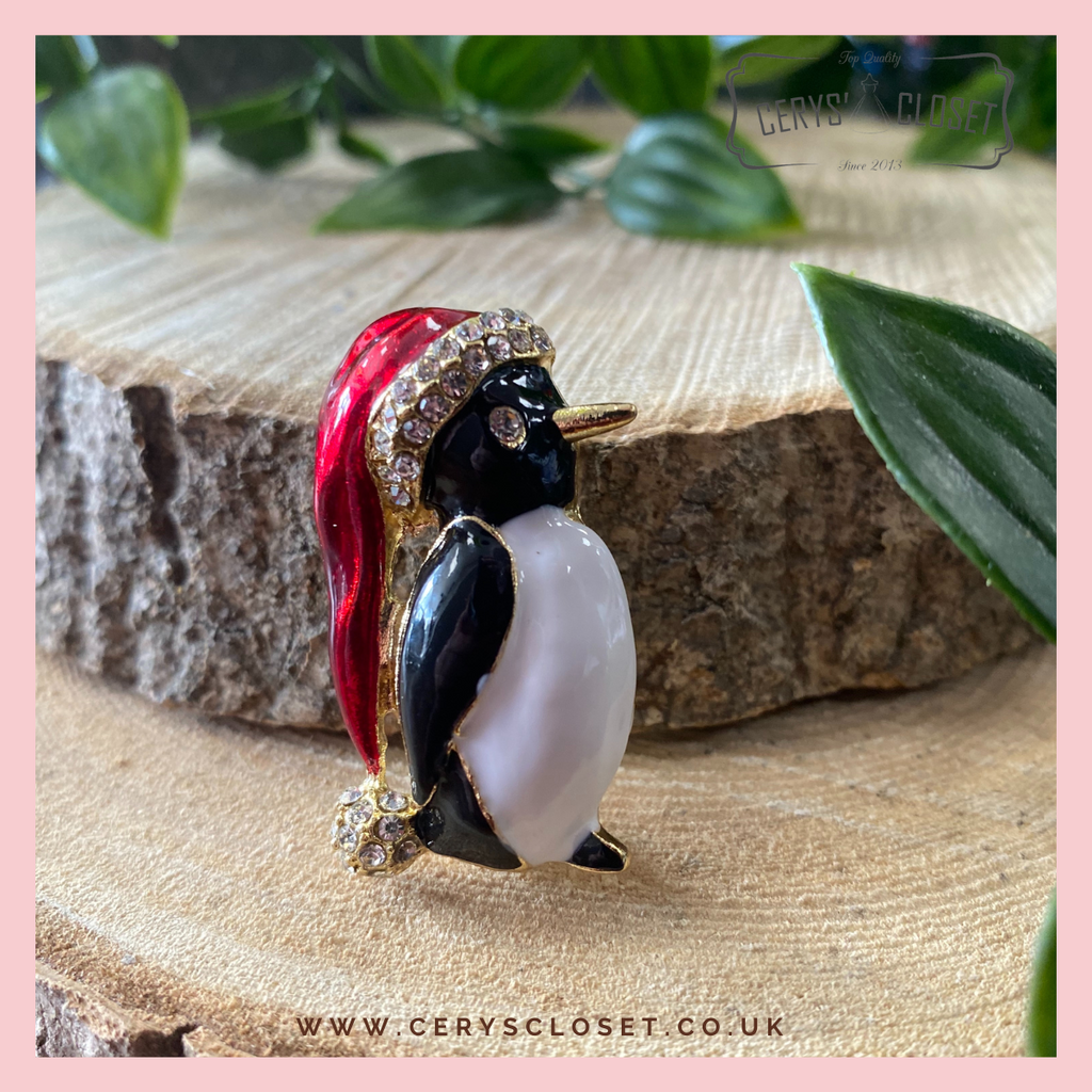 Gold Plated, Enamel and Crystal Christmas Penguin Brooch