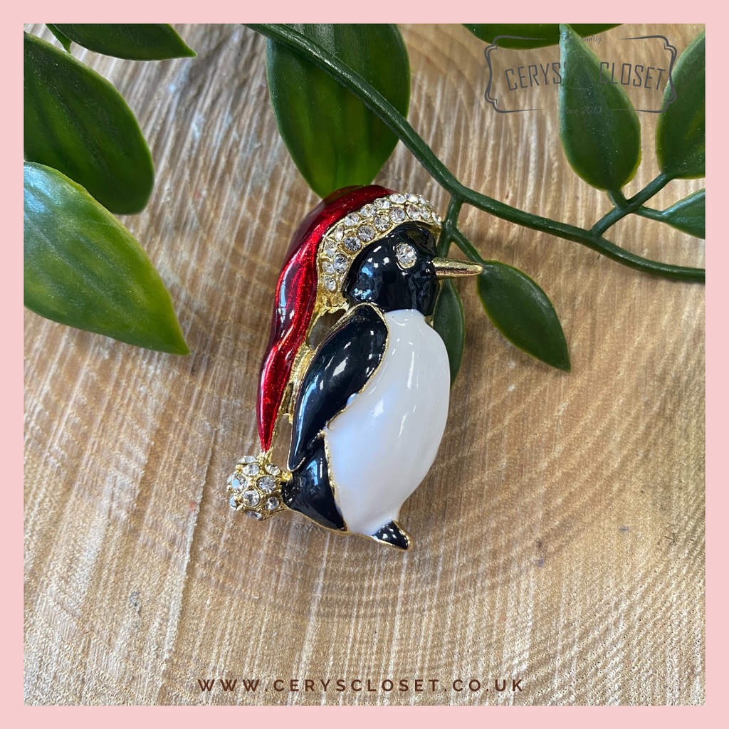 Gold Plated, Enamel and Crystal Christmas Penguin Brooch