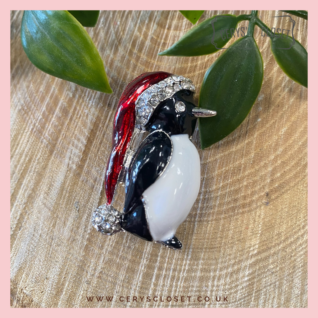 Silver Rhodium Plated, Enamel and Crystal Christmas Penguin Brooch