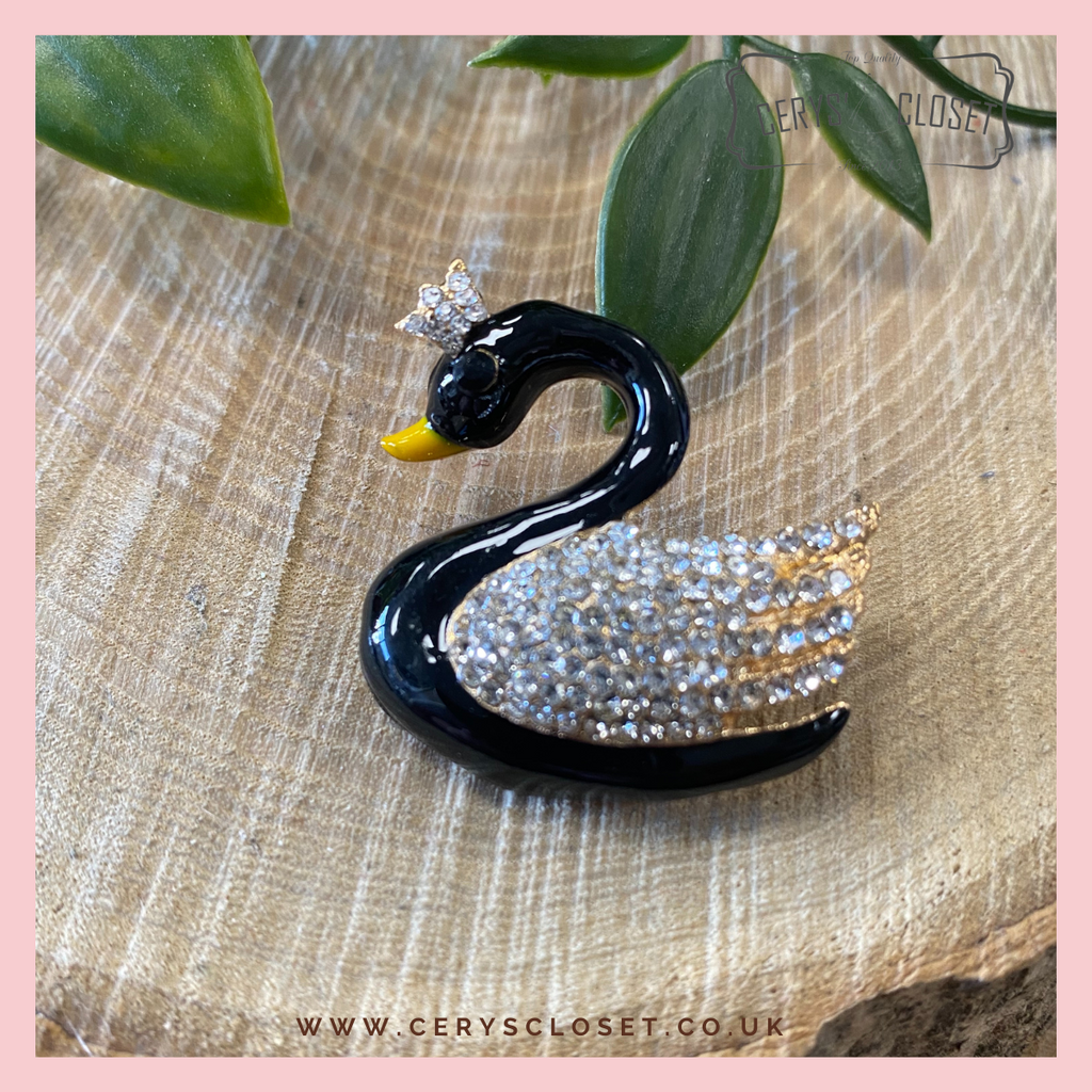 Gold Plated, Enamel, Crystal Encrusted Swan Brooch - Black