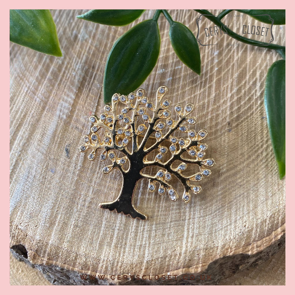 Gold Plated and Crystal Encrusted Tree of Life Brooch