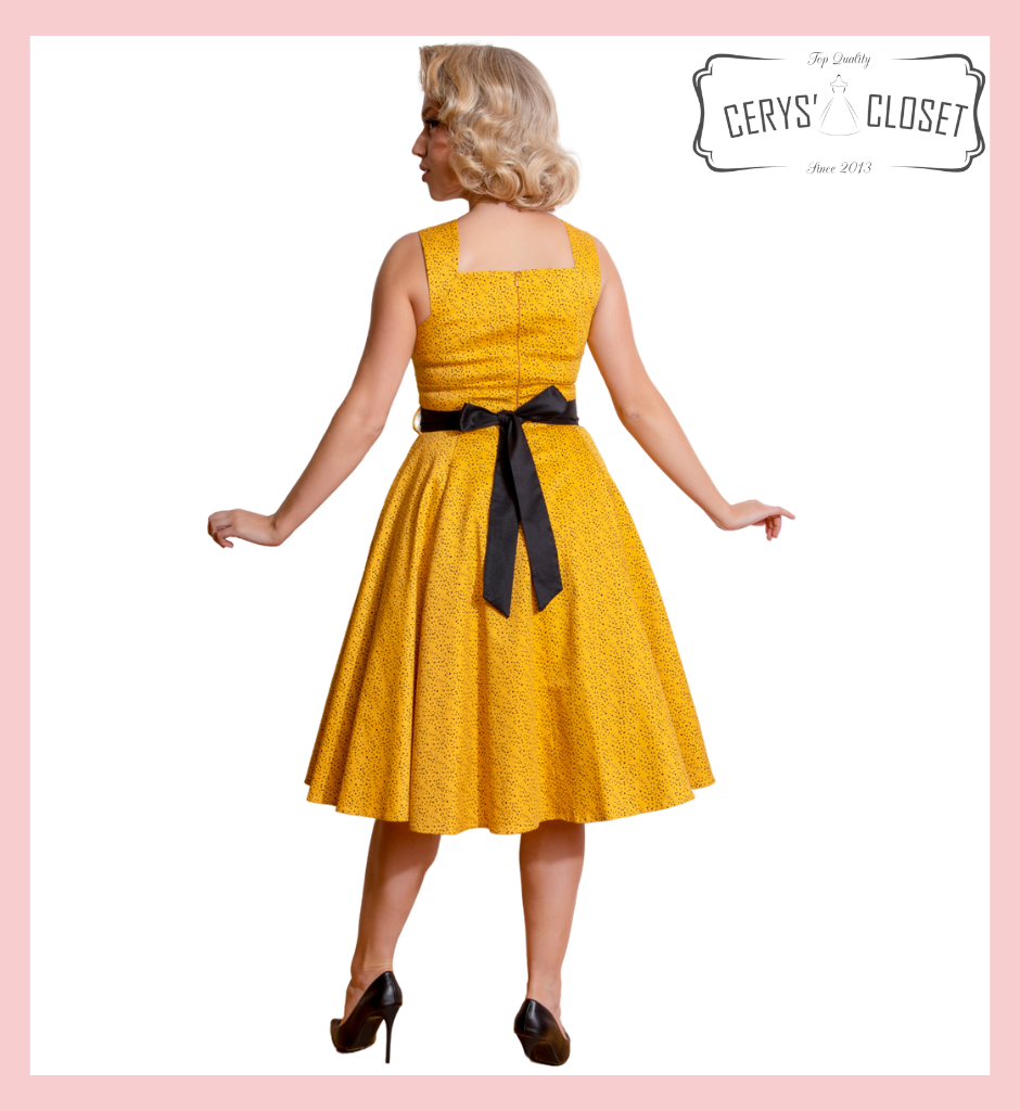 Hearts and Roses London dress at Cerys' Closet. A stunning 1950s Vintage Inspired Mustard Yellow and Black Polka Dot Swing Dress with Classic Square Neckline - Patricia