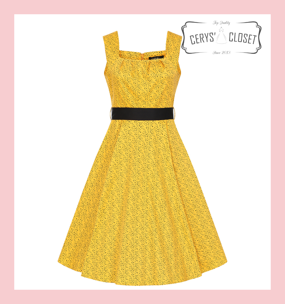 Hearts and Roses London dress at Cerys' Closet. A stunning 1950s Vintage Inspired Mustard Yellow and Black Polka Dot Swing Dress with Classic Square Neckline - Patricia