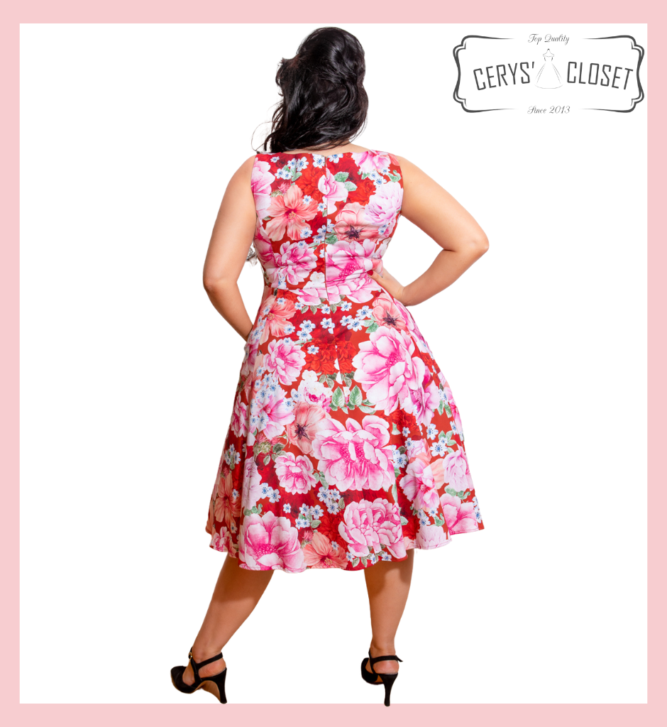 Hearts and Roses London dress at Cerys' Closet. A stunning 1950s Vintage Inspired Sleeveless Red, Pink and White Floral Swing Dress with Round Keyhole Neckline - Charlie