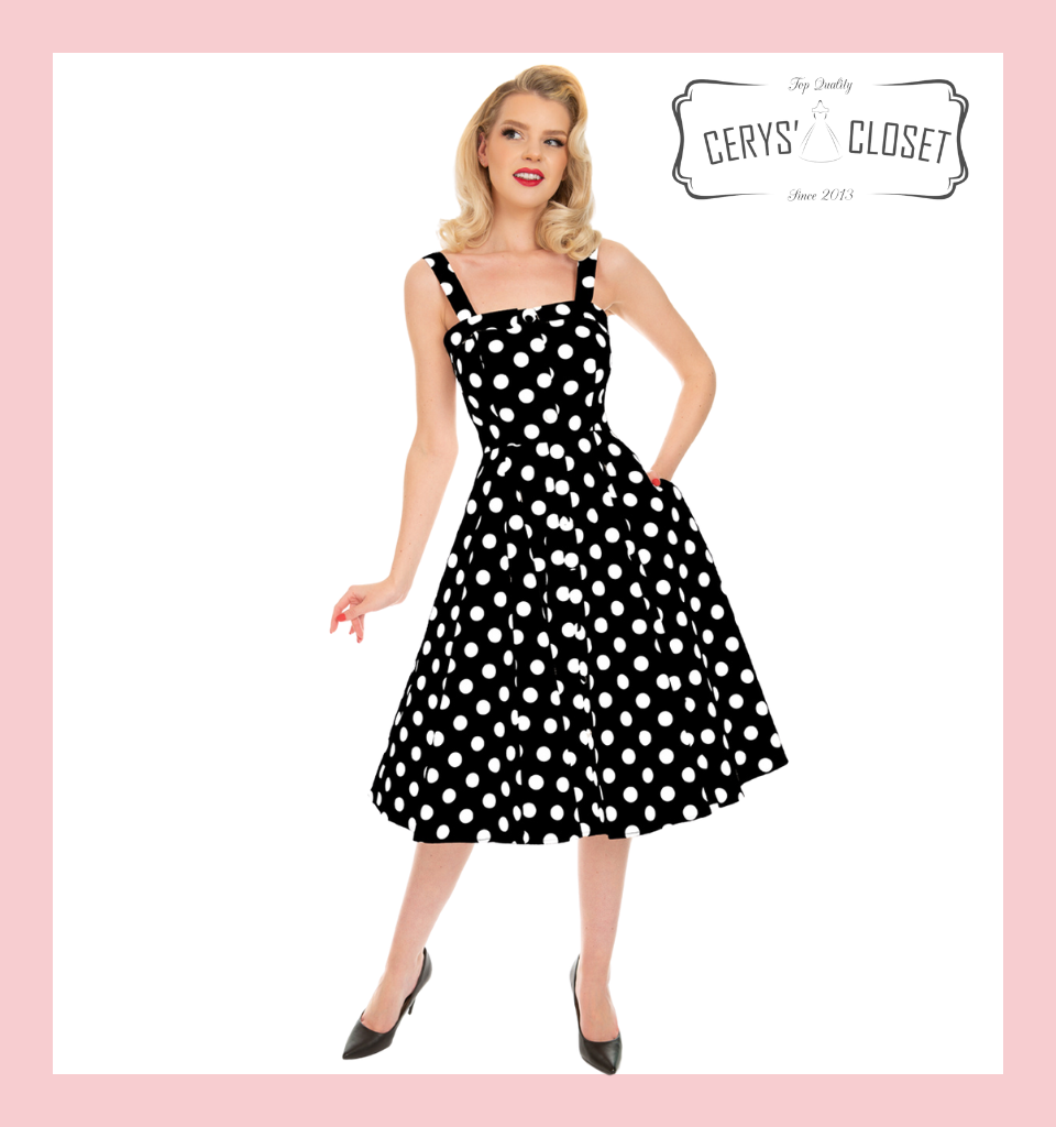 Hearts and Roses London dress at Cerys' Closet. A stunning 1950s Vintage Inspired Black and White Polka Dot Swing Dress with Classic Square Neckline - Priscila