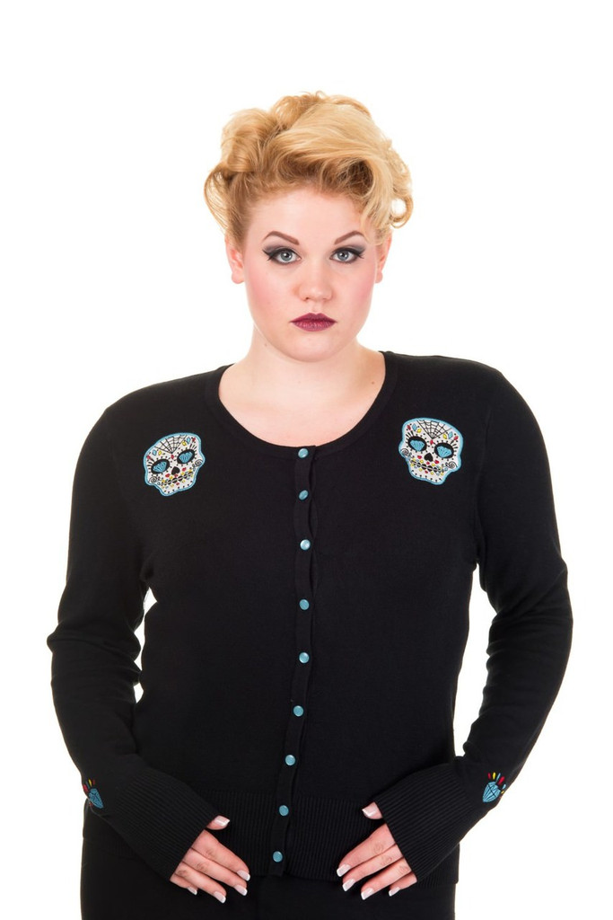 Black Scoop Neck Cardigan With Blue Embroidered Candy Skull Embellishments