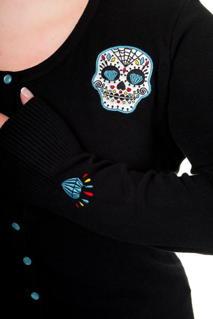 Black Scoop Neck Cardigan With Blue Embroidered Candy Skull Embellishments