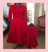 VELVET 3/4 SLEEVE 50S VINTAGE INSPIRED TEA DRESS WITH CUTE COLLAR AND POCKETS - RED KIDS