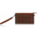 Studded Clutch Bag with Skull Embellishments - Brown