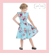 BLUE AND PINK FLORAL 50S INSPIRED CHILDRENS SWING DRESS WITH CAP SLEEVES AND SWEETHEART NECKLINE - DARCEY