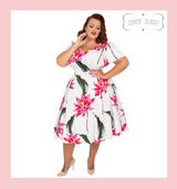 Hearts and Roses London White 50s Vintage Inspired Dress with Large Pink Floral Blooms and Green Leaves - Andromeda at Cerys' Closet