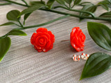 Handmade By Sue Resin Rose Earrings with Stainless Steel Post Studs - Red