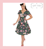 Hearts and Roses London Grey and Pink Floral 50s Vintage Inspired Dress With Flutter Sleeves- Anya at Cerys' Closet