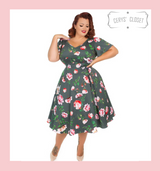 Hearts and Roses London Grey and Pink Floral 50s Vintage Inspired Dress With Flutter Sleeves- Anya at Cerys' Closet
