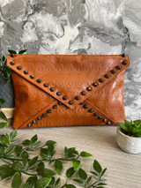 Skull Embossed and Studded Envelope Clutch Bag - Brown