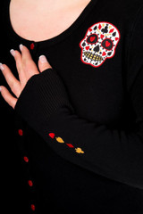 Black Soft Touch Cardigan With Red Embroidered Candy Skull Embellishments