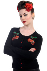 Black Scoop Neck Cardigan With Embroidered Cherry Skull Embellishments