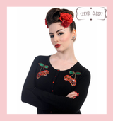 Black Scoop Neck Cardigan With Embroidered Cherry Skull Embellishments