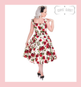 Hearts and Roses London Cream and Red Roses Floral 50s Vintage Inspired Swing Dress with Sweetheart Neckline at Cerys' Closet