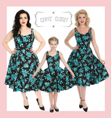 Hearts and Roses London childrens BLACK AND BLUE FLORAL 50S VINTAGE INSPIRED TEA DRESS WITH SWEETHEART NECKLINE - ROSECAE 
