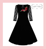 Hearts and Roses London Dress 50s Vintage Inspired Swing Dress Velvet with Lace 3/4 Sleeves and Rose Embroidered Applique Detail - Holly Black