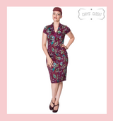 Banned Apparel Purple Peacock Wiggle Dress at Cerys' Closet Banned Apparel Purple Peacock Wiggle Dress at Cerys' Closet