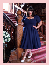 50s Vintage Inspired Vera Sweet Heart Swing Dress by Cerys' Closet in Navy