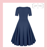 Back view of Navy Vera 50s vintage inspired swing dress