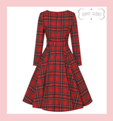  Highland Red Tartan Vintage Swing Dress with Long Sleeves Audrey Neckline and Belted Waist
