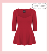 Red Peplum Top 50s Vintage Style Rockabilly Pin Up Retro Sweetheart 3/4 Sleeve