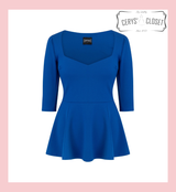 Cerys' Closet Blue Peplum Top 1950s Vintage Style Rockabilly Pin Up Retro Sweetheart 3/4 Sleeve