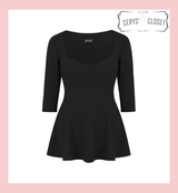 Black Peplum Top 50s Vintage Style Rockabilly Pin Up Retro Sweetheart 3/4 Sleeve