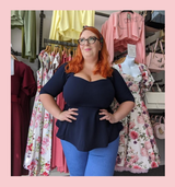 Cerys' Closet Navy Peplum Top 1950s Vintage Style Rockabilly Pin Up Retro Sweetheart 3/4 Sleeve