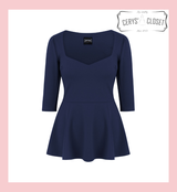 Cerys' Closet Navy Peplum Top 1950s Vintage Style Rockabilly Pin Up Retro Sweetheart 3/4 Sleeve