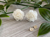 Handmade By Sue Resin Rose Earrings with Stainless Steel Post Studs - White