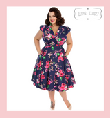 Hearts and Roses London Dark Purple and Pink Floral 50s Vintage Inspired Style Faux Shirt Tea Dress - Midnight at Cerys' Closet