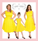 Hearts and Roses London 50S VINTAGE INSPIRED SUNSHINE YELLOW AND WHITE POLKA DOT AUDREY NECKLINE SLEEVELESS SWING DRESS KIDS at Cerys' Closet