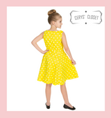 Hearts and Roses London 50S VINTAGE INSPIRED SUNSHINE YELLOW AND WHITE POLKA DOT AUDREY NECKLINE SLEEVELESS SWING DRESS KIDS at Cerys' Closet