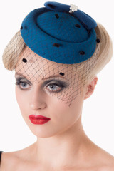 Vintage Style Pill Box Hat Fascinator with Pearl Bow and Black Polka Dot Veil - Teal