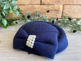 Vintage Style Pill Box Hat Fascinator with Pearl Bow and Black Polka Dot Veil - Navy