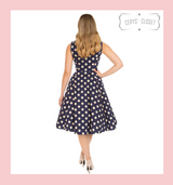 Navy and Cream Polka Dot 50s Vintage Inspired Swing Tea Dress by Hearts and Roses at Cerys' Closet
