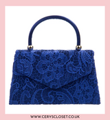 Lace Covered Envelope Tote Bag with Single Top Handle and Detachable Shoulder Chain - Royal Blue